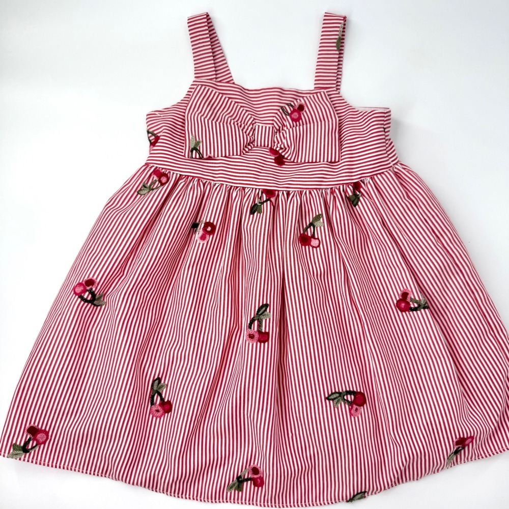 Rare Editions Sleeveless Dress Kids 24M Red White Stripes Cherry Embroidered Bow